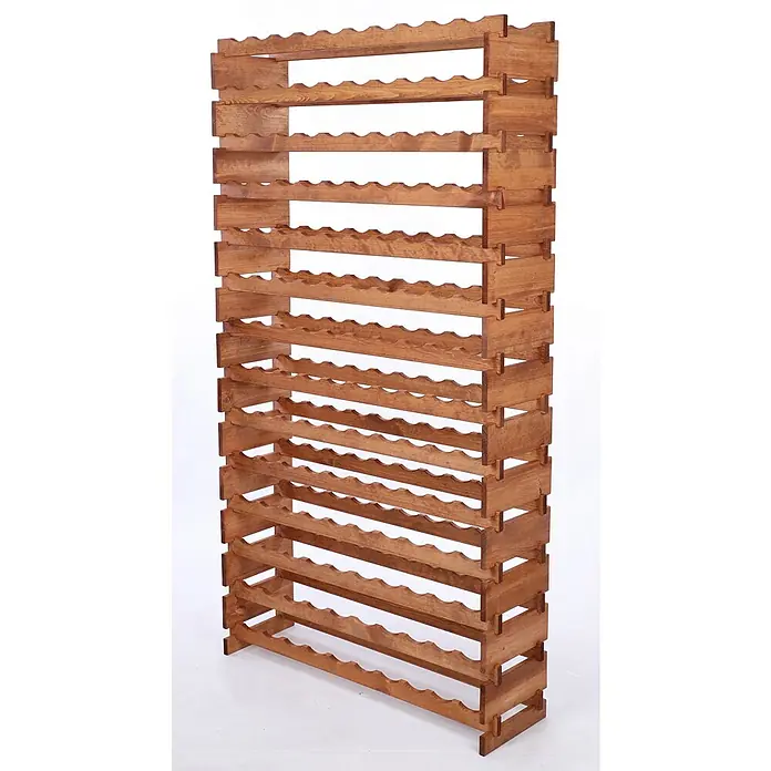 Proregal Flaschenregal Weinregal VINOTECA FLEX PRO für 140 Flaschen - L x B x H: 28 x 103 x 191 cm, Holz, Anzahl Böden: 14 Stk. - Das Bild zeigt ein Weinregal aus Holz mit gewellten Regalböden, das ideal für die Lagerung von Weinflaschen ist. Es bietet viel Stauraum.