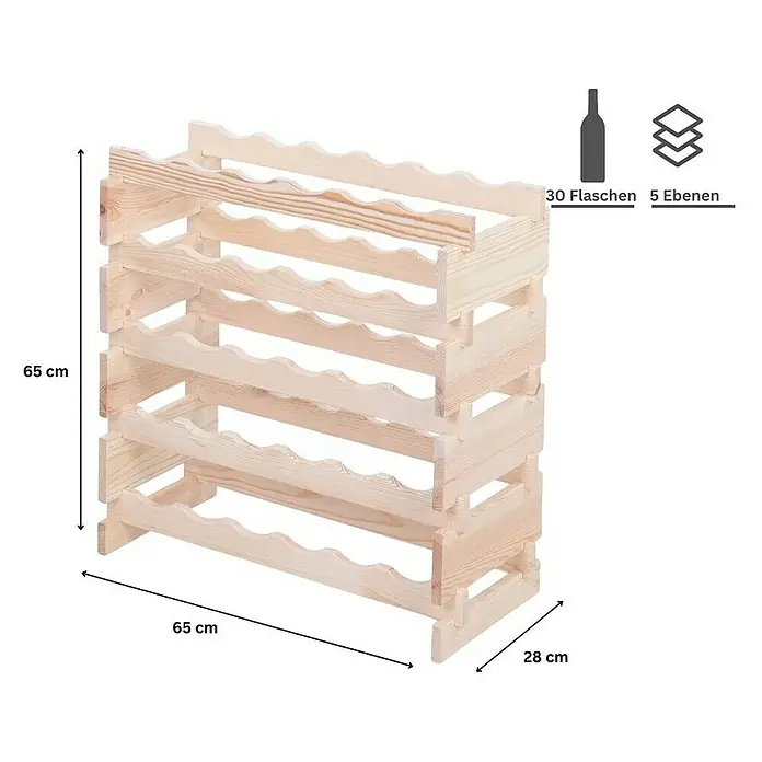 Proregal Flaschenregal Weinregal VINOTECA FLEX PRO für 30 Flaschen - L x B x H: 28 x 65 x 65 cm, Holz, Anzahl Böden: 5 Stk. - Weinregal aus hellem Holz mit fünf Ebenen zur Aufbewahrung von bis zu 30 Flaschen.