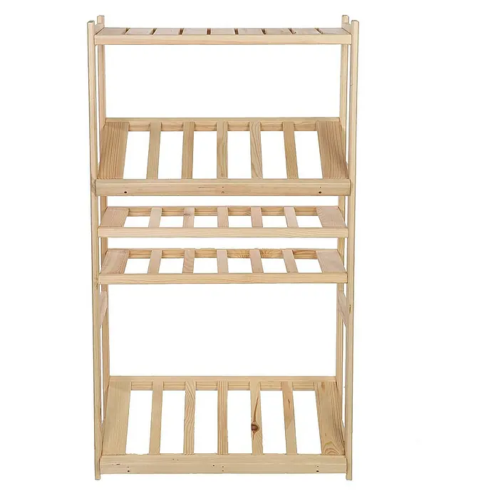 Proregal Flaschenregal & Weinregal SPREEWALD für 12 Flaschen - L x B x H: 33 x 70 x 124 cm, Holz - Nahaufnahme eines Holzregals mit mehreren Ablagen und einem Lattenrostdesign, das eine natürliche und minimalistische Ästhetik bietet.