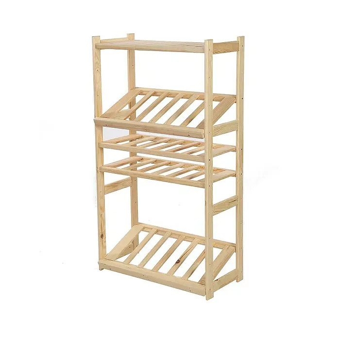 Proregal Flaschenregal & Weinregal SPREEWALD für 12 Flaschen - L x B x H: 33 x 70 x 124 cm, Holz - Das Bild zeigt ein helles, unbehandeltes Holzregal mit vier Ebenen, ideal zur Aufbewahrung oder Präsentation von Gegenständen.