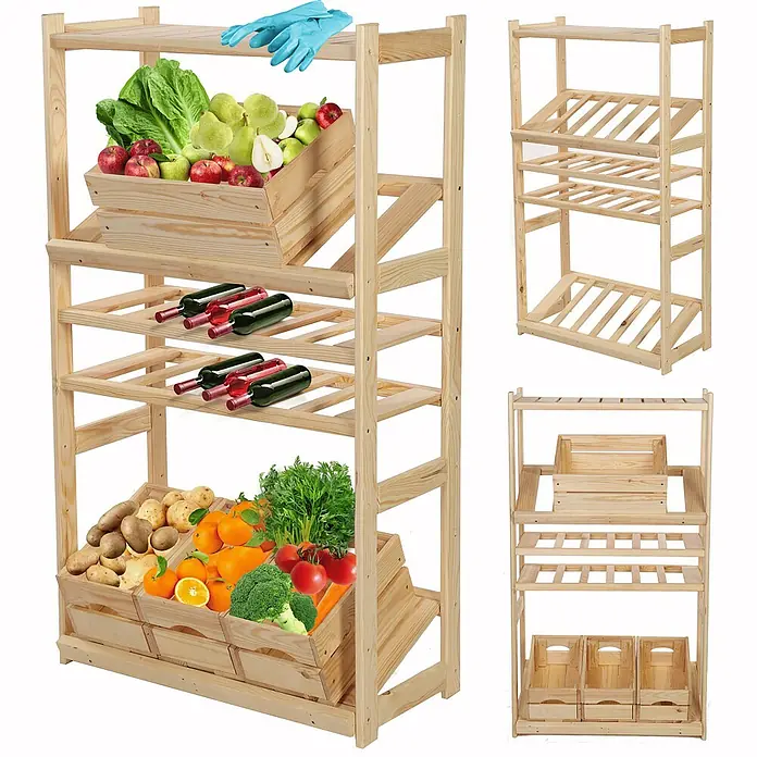 Proregal Flaschenregal & Weinregal SPREEWALD für 12 Flaschen - L x B x H: 33 x 70 x 124 cm, Holz - Foto eines hölzernen Gemüseregal mit verschiedenen Produkten, darunter Obst, Gemüse und Wein. Dieses Regal ist ideal für die Aufbewahrung.