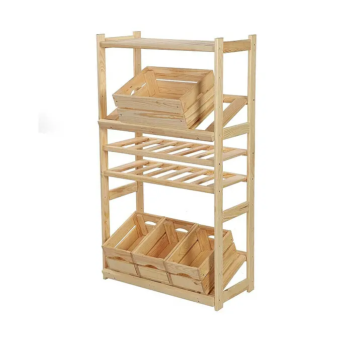 Proregal Flaschenregal & Weinregal SPREEWALD für 12 Flaschen - L x B x H: 33 x 70 x 124 cm, Holz - Holzregal mit mehreren Etagen und Holzboxen, ideal für Obst und Gemüse, bietet viel Stauraum und eine natürliche Optik für den Verkaufsraum.