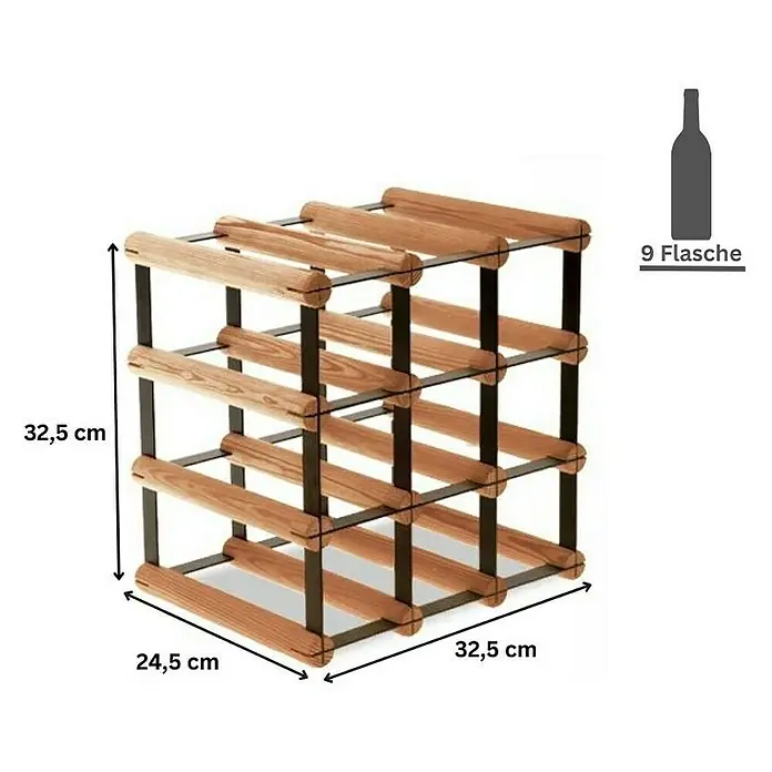 Proregal Flaschenregal Modulares Weinregal VINOTECA MOD METAL für 3x3 Flaschen - L x B x H: 24,5 x 32,5 x 32,5 cm, Holz - Abbildung eines Weinregals für 9 Flaschen mit den Maßen 32,5 x 32,5 x 24,5 cm.