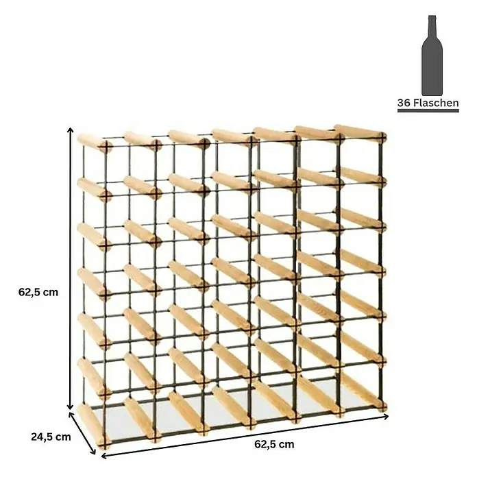 Proregal Flaschenregal Modulares Weinregal VINOTECA MOD METAL für 6x6 Flaschen - Holz - Abbildung eines Weinregals aus Holz und Metall, das 36 Flaschen fasst und 62,5 x 62,5 x 24,5 cm misst.
