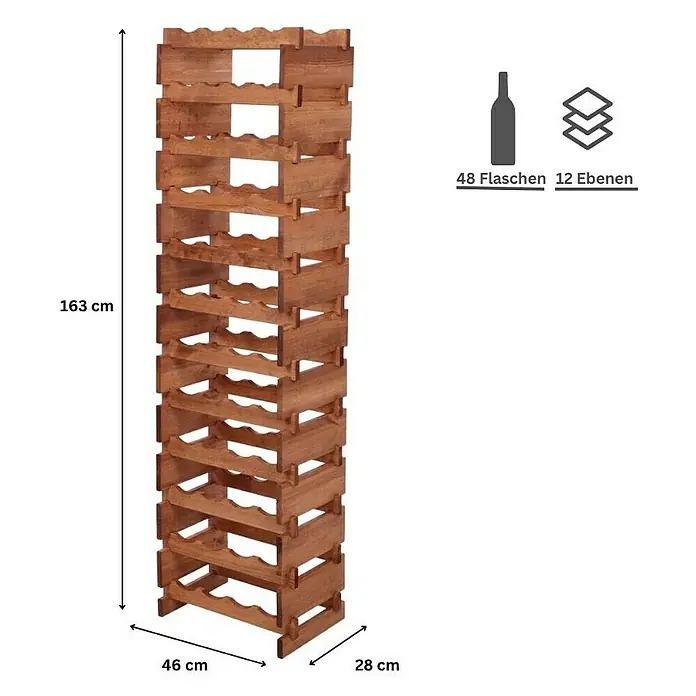 Proregal Flaschenregal Weinregal VINOTECA FLEX PRO für 48 Flaschen - L x B x H: 28 x 46 x 163 cm, Holz, Anzahl Böden: 12 Stk. - Bild eines Holzweinregals mit den Maßen 163 cm Höhe, 46 cm Breite und 28 cm Tiefe, das 48 Flaschen auf 12 Ebenen aufnehmen kann.