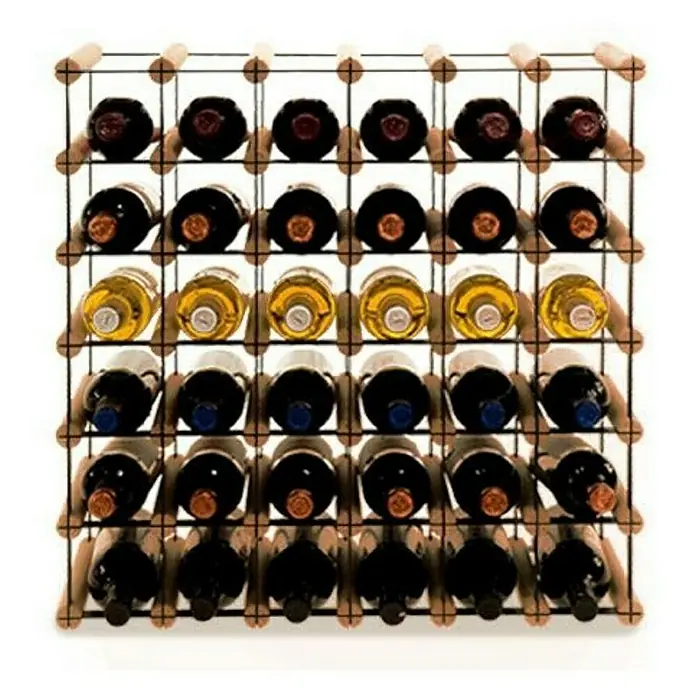 Proregal Flaschenregal Modulares Weinregal VINOTECA MOD METAL für 6x6 Flaschen - Holz - Ein Weinflaschenregal aus Holz und Metall mit mehreren Weinflaschen in verschiedenen Farben, ideal zur Aufbewahrung von Wein.