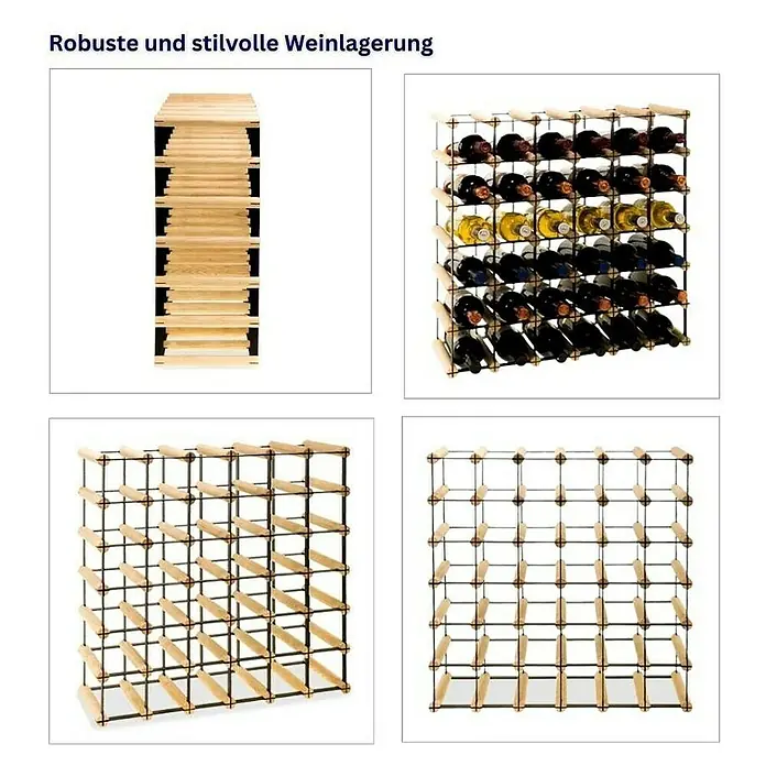 Proregal Flaschenregal Modulares Weinregal VINOTECA MOD METAL für 6x6 Flaschen - Holz - Robuste und stilvolle Weinlagerung mit diesem Weinregal-Set. Verschiedene Ansichten zeigen die Konstruktion und Kapazität dieses Regals.