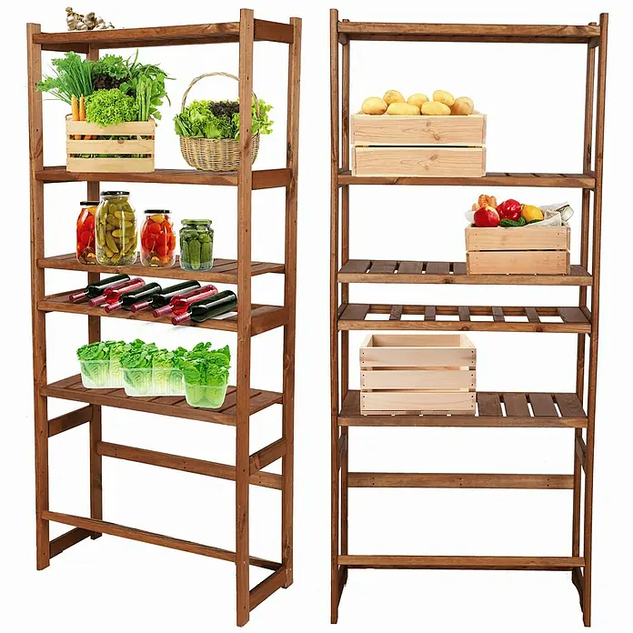 Proregal Flaschenregal & Weinregal SPREEWALD für 6 Flaschen - L x B x H: 33 x 70 x 163 cm, Holz - Zwei Holzregale, gefüllt mit Lebensmitteln, darunter Gemüse, Obst, eingelegte Gurken und Weinflaschen, für eine stilvolle Aufbewahrung.