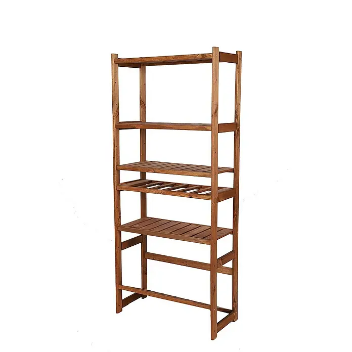 Proregal Flaschenregal & Weinregal SPREEWALD für 6 Flaschen - L x B x H: 33 x 70 x 163 cm, Holz - Aufnahme eines Holzregals mit fünf Regalböden, ideal für Pflanzen oder Bücher, vor einem sauberen, weißen Hintergrund.
