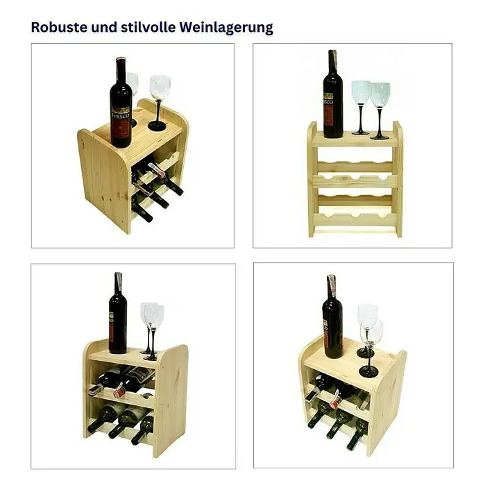 Proregal Flaschenregal Weinregal PINOTWINE C für 6 Flaschen - Holz - Robuste und stilvolle Weinlagerung mit Flaschen und Gläsern in verschiedenen Ansichten. Ideal für Weinliebhaber.