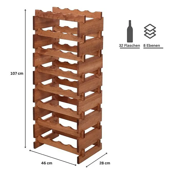 Proregal Flaschenregal Weinregal VINOTECA FLEX PRO für 32 Flaschen - L x B x H: 28 x 46 x 107 cm, Holz, Anzahl Böden: 8 Stk. - Freistehendes Weinregal aus Holz mit 8 Ebenen für bis zu 32 Flaschen, ideal zur stilvollen Lagerung Ihrer Weinsammlung.