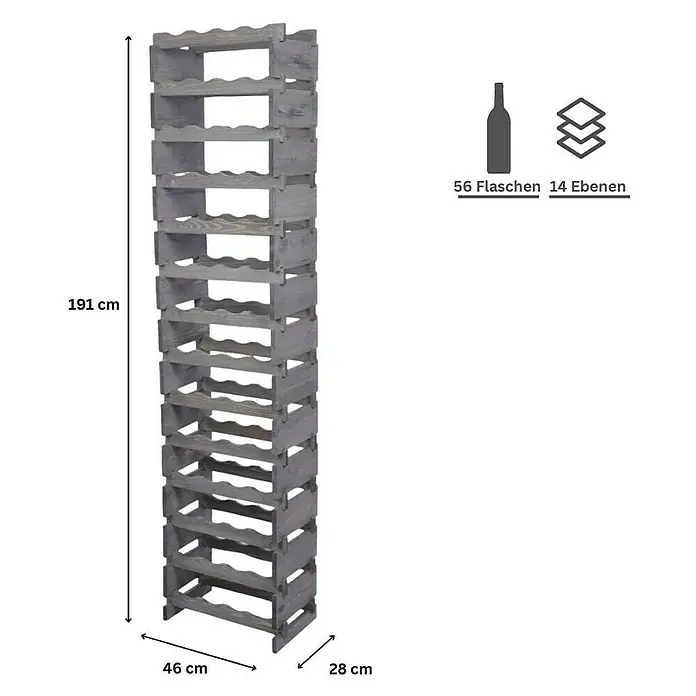Proregal Flaschenregal Weinregal VINOTECA FLEX PRO für 56 Flaschen - L x B x H: 28 x 46 x 191 cm, Holz, Anzahl Böden: 14 Stk. - Bild eines grauen Weinregals aus Holz mit 14 Ebenen für 56 Flaschen und den Maßen 191 cm Höhe, 46 cm Breite und 28 cm Tiefe.