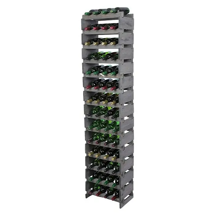 Proregal Flaschenregal Weinregal VINOTECA FLEX PRO für 56 Flaschen - L x B x H: 28 x 46 x 191 cm, Holz, Anzahl Böden: 14 Stk. - Ein graues Weinregal aus Holz ist mit vielen Weinflaschen gefüllt, die in den Regalen ordentlich gestapelt sind.