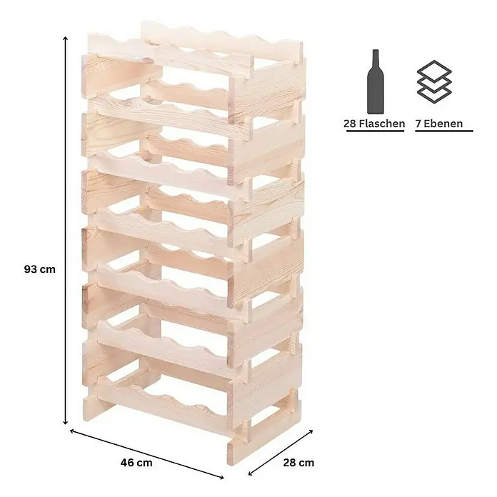 Proregal Flaschenregal Weinregal VINOTECA FLEX PRO für 28 Flaschen - L x B x H: 28 x 46 x 93 cm, Holz, Anzahl Böden: 7 Stk. - Das Foto zeigt ein Weinregal aus Holz mit 7 Ebenen für 28 Flaschen, Maße: 93 cm hoch, 46 cm breit und 28 cm tief.