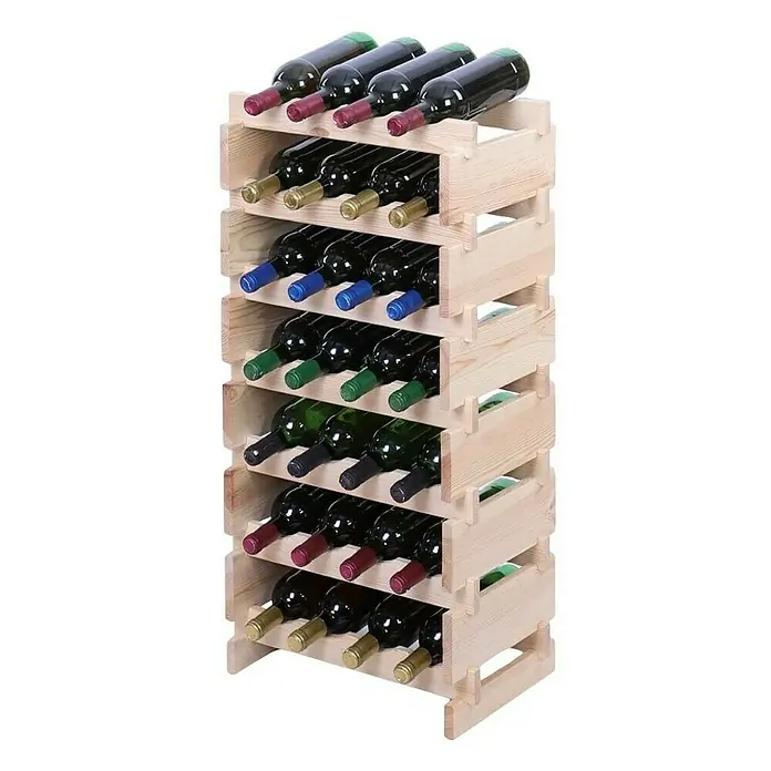 Proregal Flaschenregal Weinregal VINOTECA FLEX PRO für 28 Flaschen - L x B x H: 28 x 46 x 93 cm, Holz, Anzahl Böden: 7 Stk. - Ein freistehendes Weinregal aus Holz, das mit mehreren Weinflaschen in verschiedenen Farben gefüllt ist.