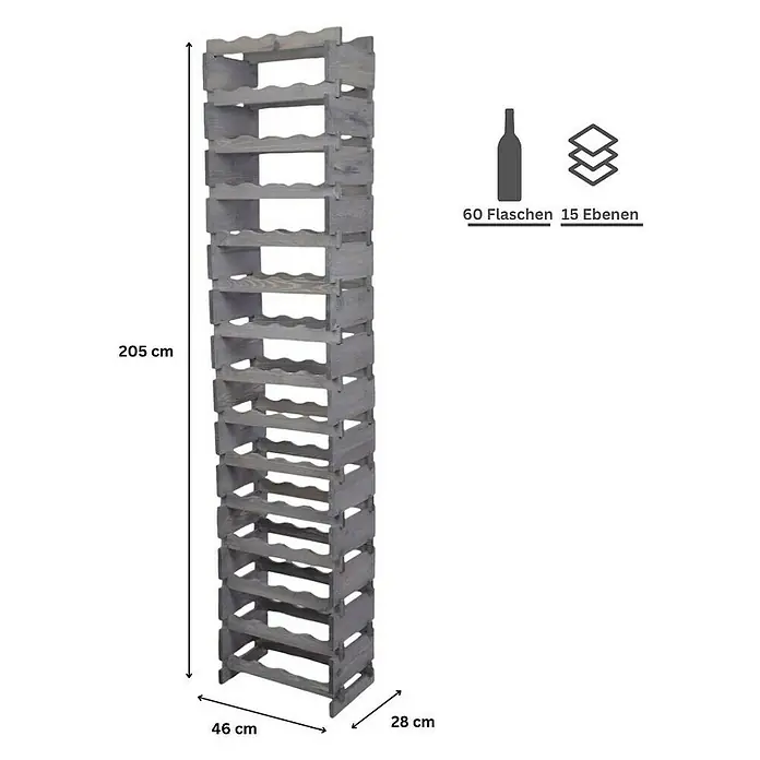 Proregal Flaschenregal Weinregal VINOTECA FLEX PRO für 60 Flaschen - L x B x H: 28 x 46 x 205 cm, Holz, Anzahl Böden: 15 Stk. - Weinregal aus Holz, 205 cm hoch, für 60 Flaschen auf 15 Ebenen. Ideal zur stilvollen Aufbewahrung Ihrer Weinsammlung.