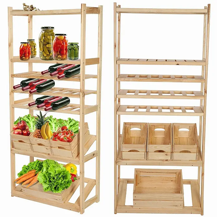 Proregal Flaschenregal & Weinregal SPREEWALD für 18 Flaschen - L x B x H: 33 x 70 x 163 cm, Holz - Ein naturbelassenes Holzregal, vollgepackt mit Lebensmitteln, neben einem leeren Regal, perfekt für Küche oder Vorratsraum.