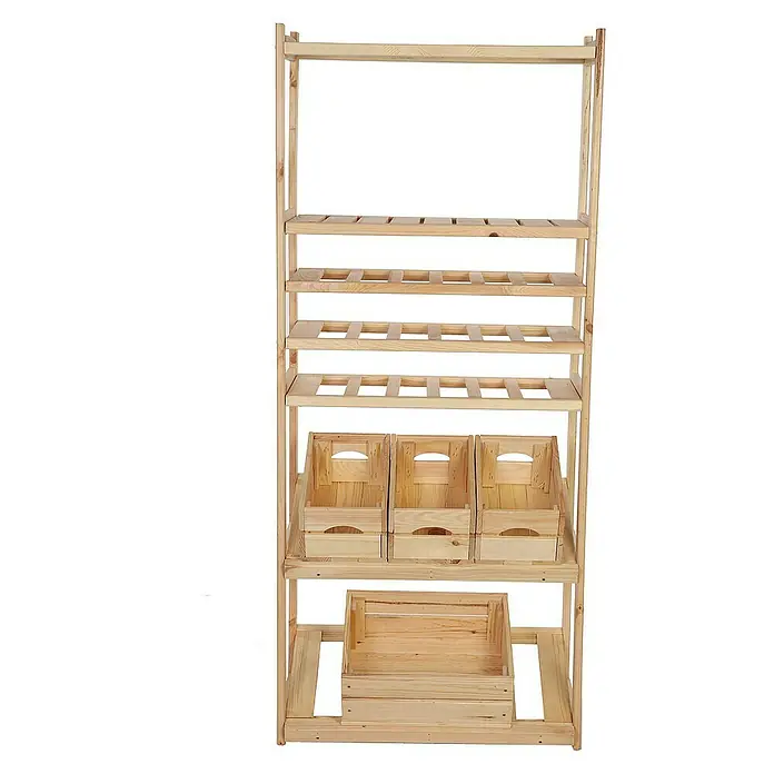 Proregal Flaschenregal & Weinregal SPREEWALD für 18 Flaschen - L x B x H: 33 x 70 x 163 cm, Holz - Hohes Holzregal mit offenen Regalen und Holzkisten, ideal zur Aufbewahrung von Obst und Gemüse oder als dekoratives Element.