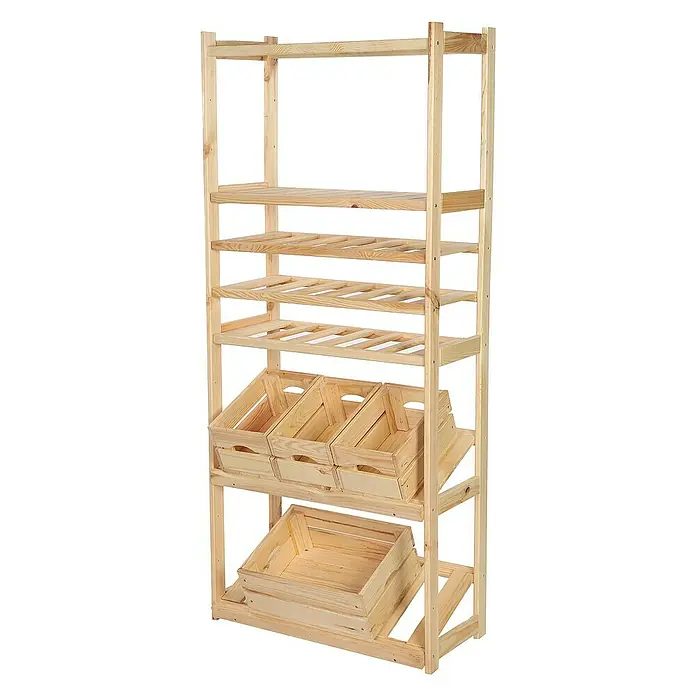 Proregal Flaschenregal & Weinregal SPREEWALD für 18 Flaschen - L x B x H: 33 x 70 x 163 cm, Holz - Aufnahme eines hölzernen Gemüseständers mit Regalen und Fächern. Er ist aus hellem Holz gefertigt und perfekt für die Präsentation von Produkten.