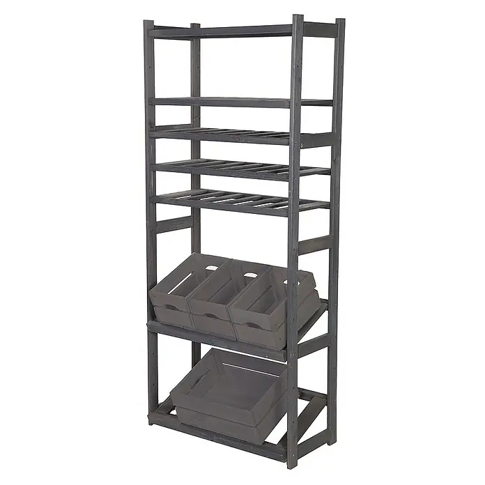 Proregal Flaschenregal & Weinregal SPREEWALD für 18 Flaschen - L x B x H: 33 x 70 x 163 cm, Holz - Graues Holzregal mit Ablagen und Kisten zur Aufbewahrung und Präsentation von Produkten oder Gegenständen.