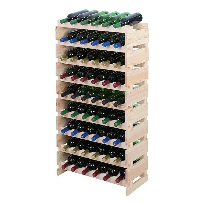 Proregal Flaschenregal Weinregal VINOTECA FLEX PRO für 54 Flaschen - L x B x H: 28 x 65 x 121 cm, Holz, Anzahl Böden: 9 Stk. - Holzweinregal mit mehreren Regalen, gefüllt mit Weinflaschen verschiedener Farben, für eine stilvolle Weinlagerung.