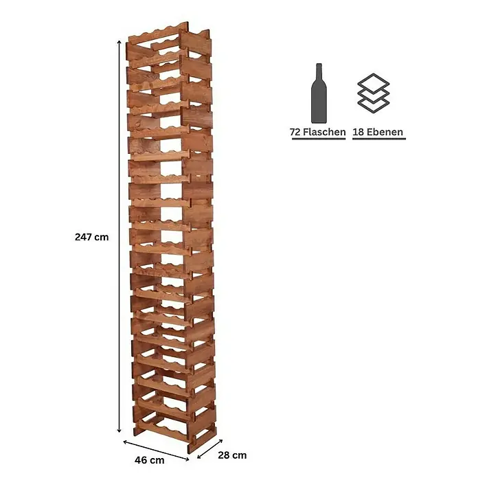 Proregal Flaschenregal Weinregal VINOTECA FLEX PRO für 72 Flaschen - L x B x H: 28 x 46 x 247 cm, Holz, Anzahl Böden: 18 Stk. - Weinregal aus Holz mit Maßen und Details zu Flaschen und Ebenen.