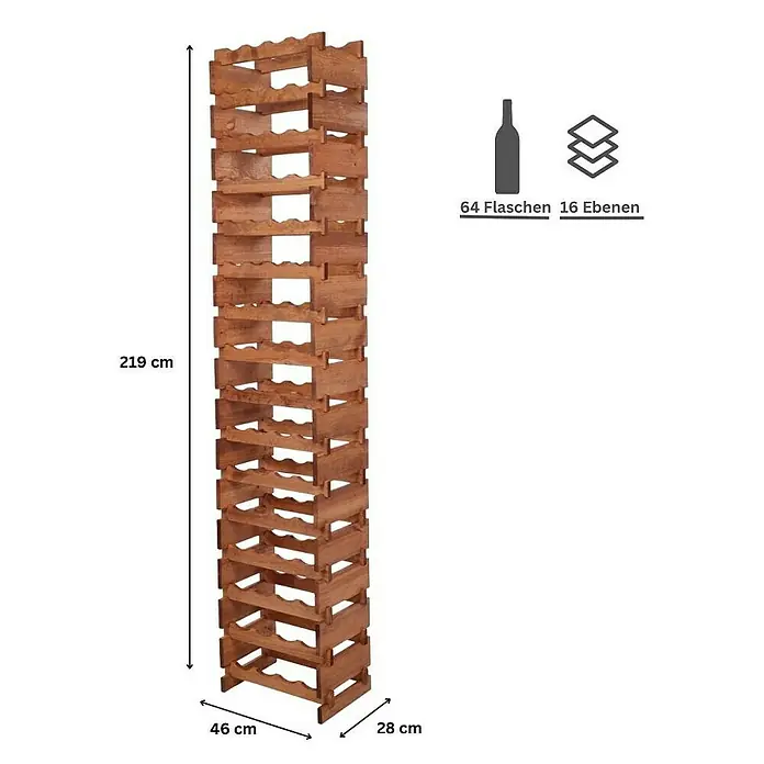 Proregal Flaschenregal Weinregal VINOTECA FLEX PRO für 64 Flaschen - L x B x H: 28 x 46 x 219 cm, Holz, Anzahl Böden: 16 Stk. - Produktbild eines hohen, schmalen Weinregals aus Holz mit 16 Ebenen und Platz für 64 Flaschen, das 219 cm hoch, 46 cm breit und 28 cm tief ist.
