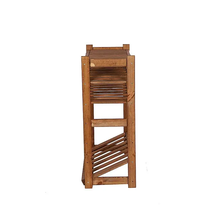 Proregal Flaschenregal & Weinregal SPREEWALD für 12 Flaschen - L x B x H: 33 x 70 x 86 cm, Holz - Aufnahme eines dekorativen Holzregals mit brauner Oberfläche und mehreren Ablageflächen, ideal für die Präsentation von Pflanzen oder Dekorationen.