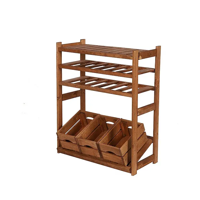 Proregal Flaschenregal & Weinregal SPREEWALD für 12 Flaschen - L x B x H: 33 x 70 x 86 cm, Holz - Aufnahme eines rustikalen braunen Holzregals mit drei Kisten unten und zwei offenen Regalen oben.