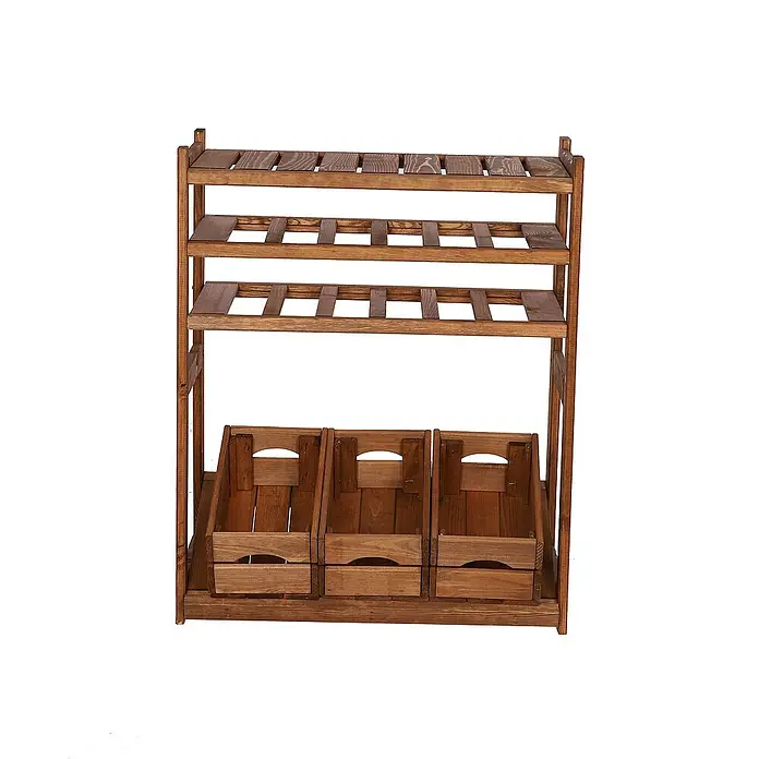 Proregal Flaschenregal & Weinregal SPREEWALD für 12 Flaschen - L x B x H: 33 x 70 x 86 cm, Holz - Ein rustikales Holzregal mit drei Körben für die Aufbewahrung, perfekt für eine stilvolle Organisation im ganzen Haus.