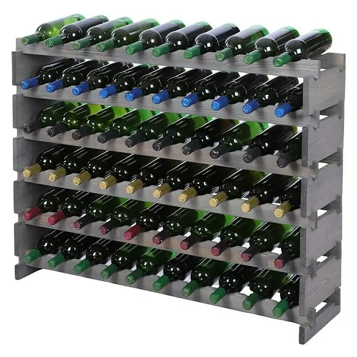 Proregal Flaschenregal Weinregal VINOTECA FLEX PRO für 60 Flaschen - L x B x H: 28 x 103 x 79 cm, Holz, Anzahl Böden: 6 Stk. - Weinregal aus Holz mit gefüllten Weinflaschen in verschiedenen Farben.
