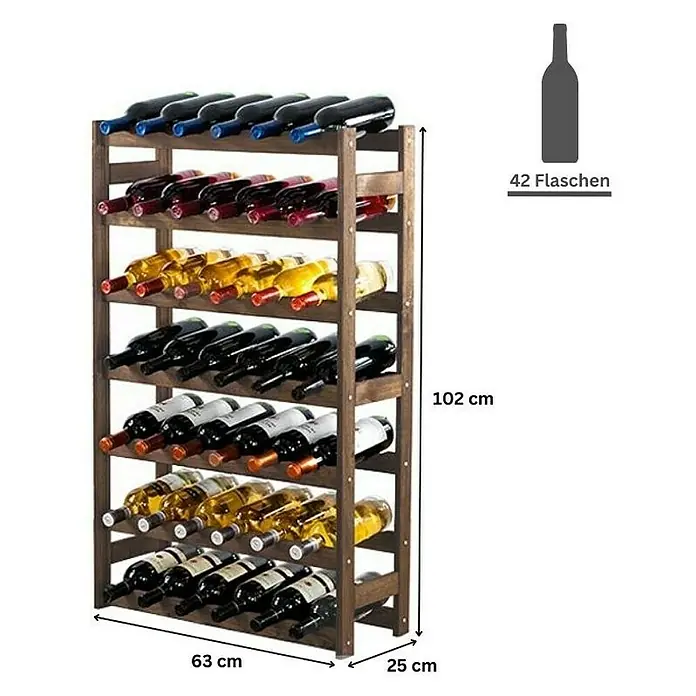 Proregal Flaschenregal Weinregal PINOTWINE für 42 Flaschen - L x B x H: 25 x 63 x 102 cm, Holz - Bild eines Holzweinregals für 42 Flaschen mit Abmessungen.