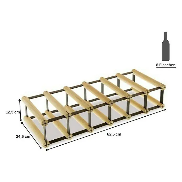 Proregal Flaschenregal Modulares Weinregal VINOTECA MOD METAL für 6x1 Flaschen - L x B x H: 24,5 x 62,5 x 12,5 cm, Holz - Weinregal aus Holz für 6 Flaschen mit Abmessungen. Praktische und stilvolle Aufbewahrung für Ihre Weinsammlung.