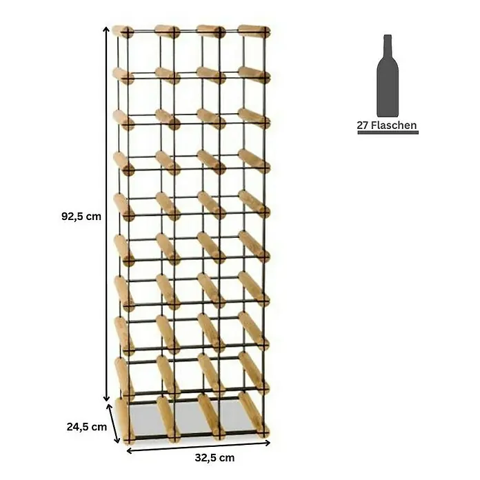 Proregal Flaschenregal Modulares Weinregal VINOTECA MOD METAL für 3x9 Flaschen - L x B x H: 24,5 x 32,5 x 92,5 cm, Holz - Abbildung eines Weinregals für 27 Flaschen, mit den Maßen 92,5 cm Höhe, 32,5 cm Breite und 24,5 cm Tiefe.