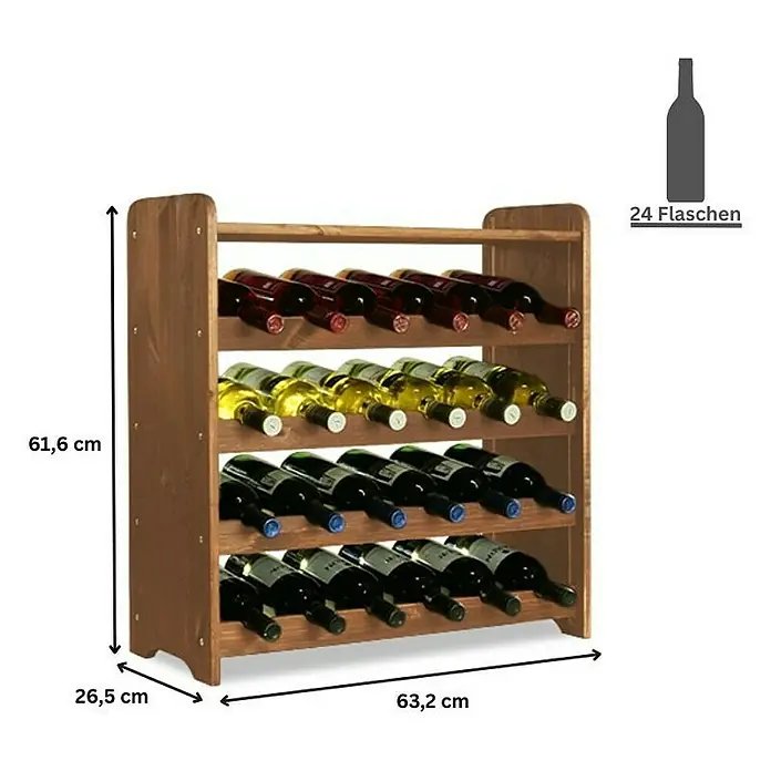 Proregal Flaschenregal Weinregal PINOTWINE C für 24 Flaschen - L x B x H: 26,5 x 63,2 x 61,6 cm, Holz - Weinregal aus Holz mit vier Etagen für insgesamt 24 Flaschen Wein. Die Maße sind angegeben.
