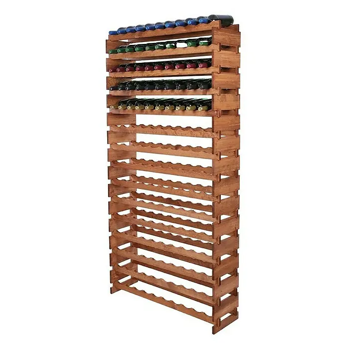 Proregal Flaschenregal Weinregal VINOTECA FLEX PRO für 150 Flaschen - L x B x H: 28 x 103 x 205 cm, Holz, Anzahl Böden: 15 Stk. - Vollständiges Weinregal aus Holz, gefüllt mit verschiedenen Weinflaschen. Es bietet eine praktische und stilvolle Aufbewahrungslösung für Weinsammler.