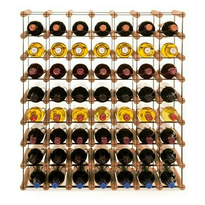 Proregal Flaschenregal Modulares Weinregal VINOTECA MOD METAL für 7x8 Flaschen - L x B x H: 24,5 x 72,5 x 82,5 cm, Holz - Weinflaschenregal mit diversen Weinflaschen, die sich in einem Holzregal befinden. Perfekt für Weinliebhaber.