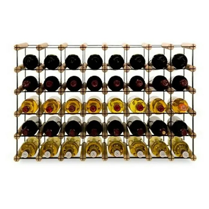 Proregal Flaschenregal Modulares Weinregal VINOTECA MOD METAL für 8x5 Flaschen - L x B x H: 24,5 x 82,5 x 52,5 cm, Holz - Ein Weinflaschenregal aus Metall und Holz gefüllt mit verschiedenen Weinflaschen in unterschiedlichen Farben, die ordentlich angeordnet sind.