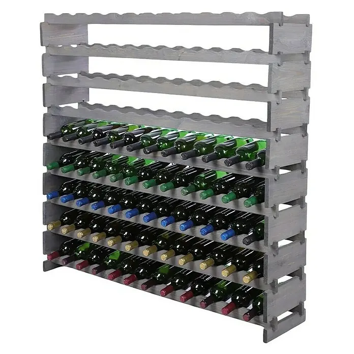 Proregal Flaschenregal Weinregal VINOTECA FLEX PRO für 108 Flaschen - L x B x H: 28 x 123 x 121 cm, Holz, Anzahl Böden: 9 Stk. - Graues Weinregal aus Holz, gefüllt mit Weinflaschen, ideal zur Aufbewahrung und Präsentation von Wein.