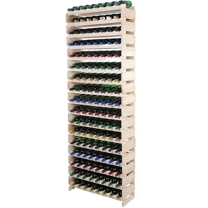 Proregal Flaschenregal Weinregal VINOTECA FLEX PRO für 136 Flaschen - L x B x H: 28 x 84 x 233 cm, Holz, Anzahl Böden: 17 Stk. - Holzweinregal mit vielen Flaschen. Die Flaschen haben verschiedene Farben, von Grün bis Rot. Das Regal steht vor einem weißen Hintergrund.