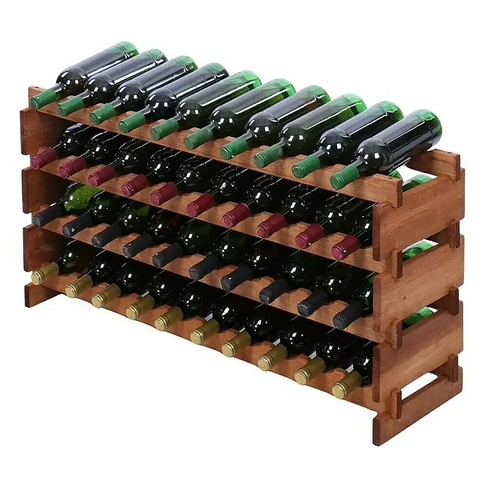 Proregal Flaschenregal Weinregal VINOTECA FLEX PRO für 40 Flaschen - L x B x H: 28 x 103 x 51 cm, Holz, Anzahl Böden: 4 Stk. - Ein Weinregal aus Holz mit mehreren Ebenen, gefüllt mit verschiedenen Weinflaschen. Das Regal bietet Platz für eine umfangreiche Weinsammlung.