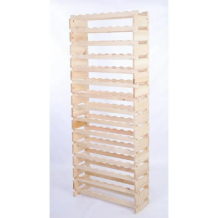 Proregal Flaschenregal Weinregal VINOTECA FLEX PRO für 120 Flaschen - L x B x H: 28 x 84 x 205 cm, Holz, Anzahl Böden: 15 Stk. - Ein hochformatiges Bild zeigt ein helles, hölzernes Weinregal mit vielen Ablageflächen vor einem neutralen Hintergrund. Das Regal ist leer.