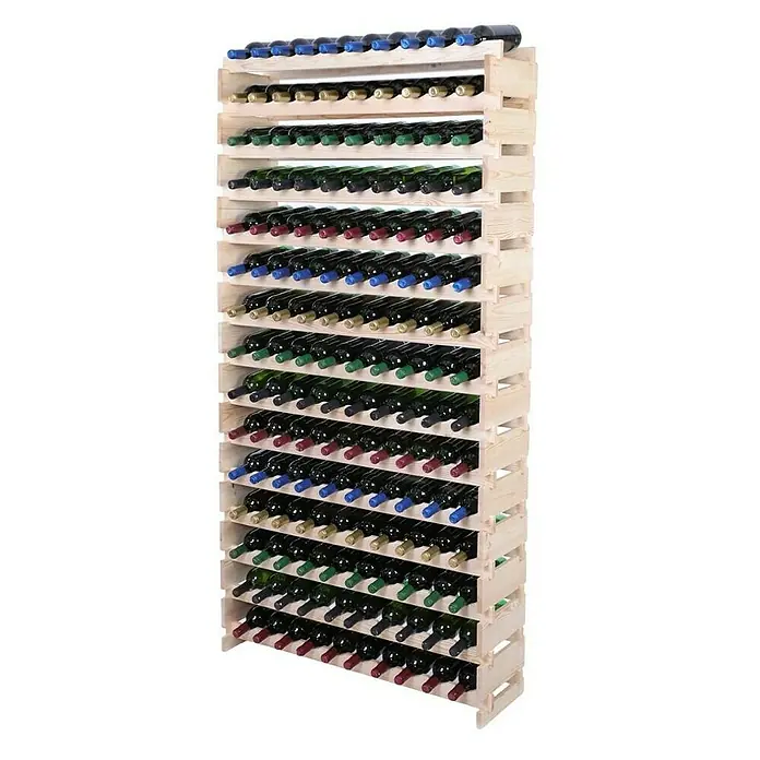 Proregal Flaschenregal Weinregal VINOTECA FLEX PRO für 150 Flaschen - L x B x H: 28 x 103 x 205 cm, Holz, Anzahl Böden: 15 Stk. - Ein hohes Weinregal aus hellem Holz, das mit zahlreichen Weinflaschen in verschiedenen Farben gefüllt ist, bietet eine stilvolle Aufbewahrungslösung.