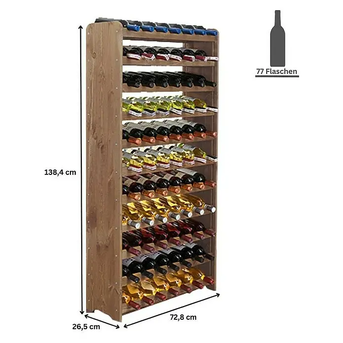 Proregal Flaschenregal Weinregal PINOTWINE C für 77 Flaschen - L x B x H: 26,5 x 72,8 x 138,4 cm, Holz - Weinflaschenregal aus Holz mit Abmessungen, zur Aufbewahrung von bis zu 77 Flaschen. Praktisches Möbelstück für Weinliebhaber.