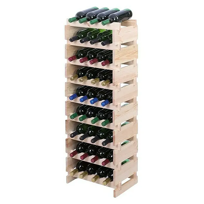 Proregal Flaschenregal Weinregal VINOTECA FLEX PRO für 36 Flaschen - L x B x H: 28 x 46 x 121 cm, Holz, Anzahl Böden: 9 Stk. - Ein hohes Weinregal aus hellem Holz ist mit diversen Weinflaschen gefüllt, die horizontal gelagert werden.