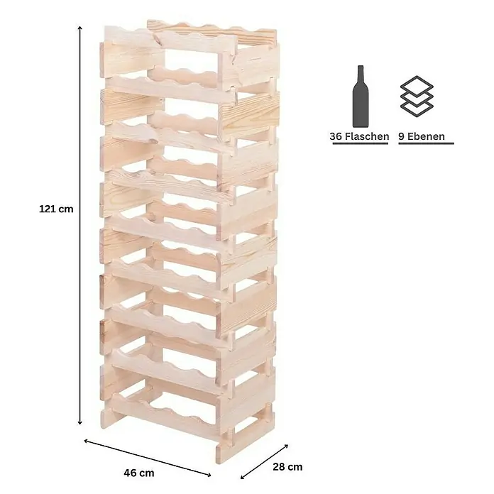 Proregal Flaschenregal Weinregal VINOTECA FLEX PRO für 36 Flaschen - L x B x H: 28 x 46 x 121 cm, Holz, Anzahl Böden: 9 Stk. - Das Bild zeigt ein Weinregal aus hellem Holz mit den Maßen 121 cm Höhe, 46 cm Breite und 28 cm Tiefe, geeignet für 36 Flaschen auf 9 Ebenen.