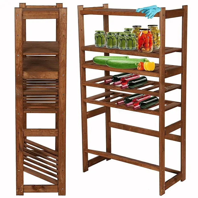 Proregal Flaschenregal & Weinregal SPREEWALD für 12 Flaschen - L x B x H: 33 x 70 x 124 cm, Holz - Ein rustikales Holzregal mit fünf Ebenen, gefüllt mit Konserven, Gemüse und Weinflaschen, daneben ein leeres Regal, beide in warmen Brauntönen.