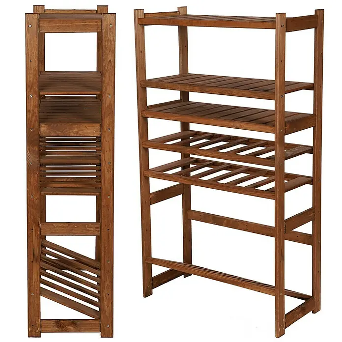 Proregal Flaschenregal & Weinregal SPREEWALD für 12 Flaschen - L x B x H: 33 x 70 x 124 cm, Holz - Ein hölzernes Regal mit mehreren Ablagen, ideal für Badezimmer oder andere Räume. Das Regal ist braun und hat ein offenes Design.