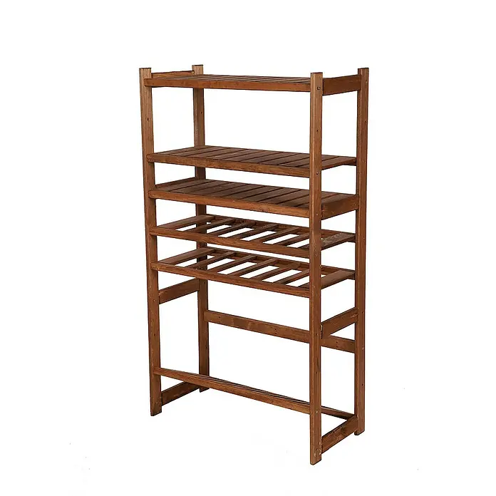 Proregal Flaschenregal & Weinregal SPREEWALD für 12 Flaschen - L x B x H: 33 x 70 x 124 cm, Holz - Ein rustikales Holzregal mit mehreren Ebenen für die Aufbewahrung von Schuhen, Pflanzen oder anderen Gegenständen. Das Regal ist braun und hat ein schlichtes Design.