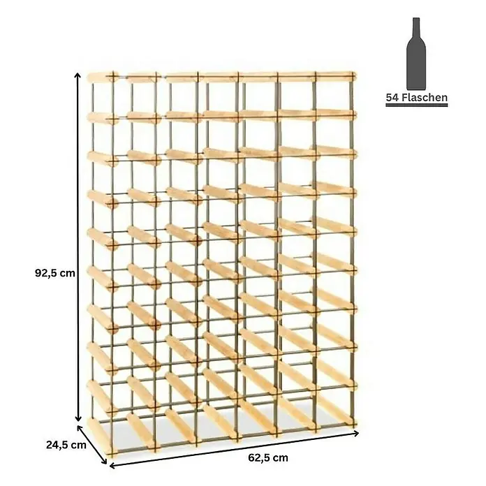 Proregal Flaschenregal Modulares Weinregal VINOTECA MOD METAL für 6x9 Flaschen - L x B x H: 24,5 x 62,5 x 92,5 cm, Holz - Abbildung eines Weinregals für 54 Flaschen mit den Maßen 92,5 cm Höhe, 62,5 cm Breite und 24,5 cm Tiefe.\n